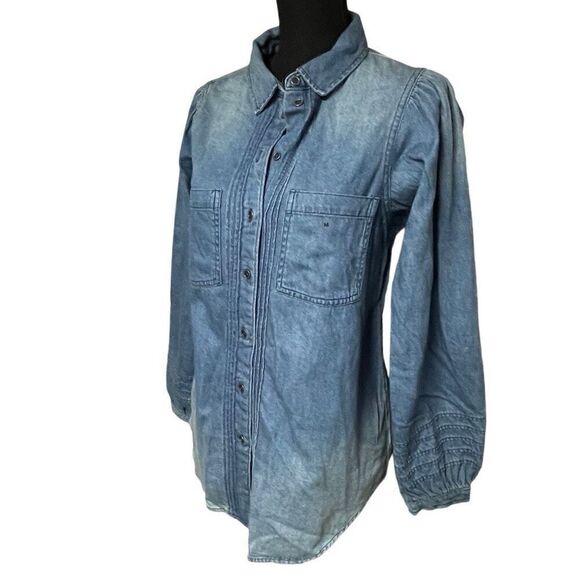 American Eagle Pintuck Faded Denim Button Front Shirt - Picture 1 of 6